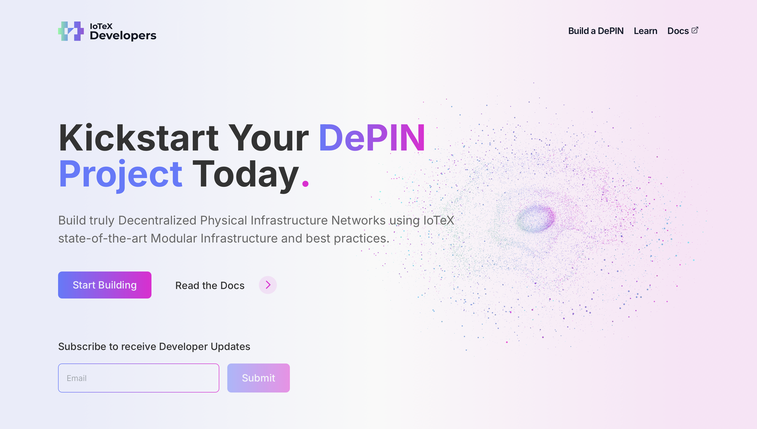 Soft pink gradient with galaxy and a title Kickstart Your DePIN Project Today.