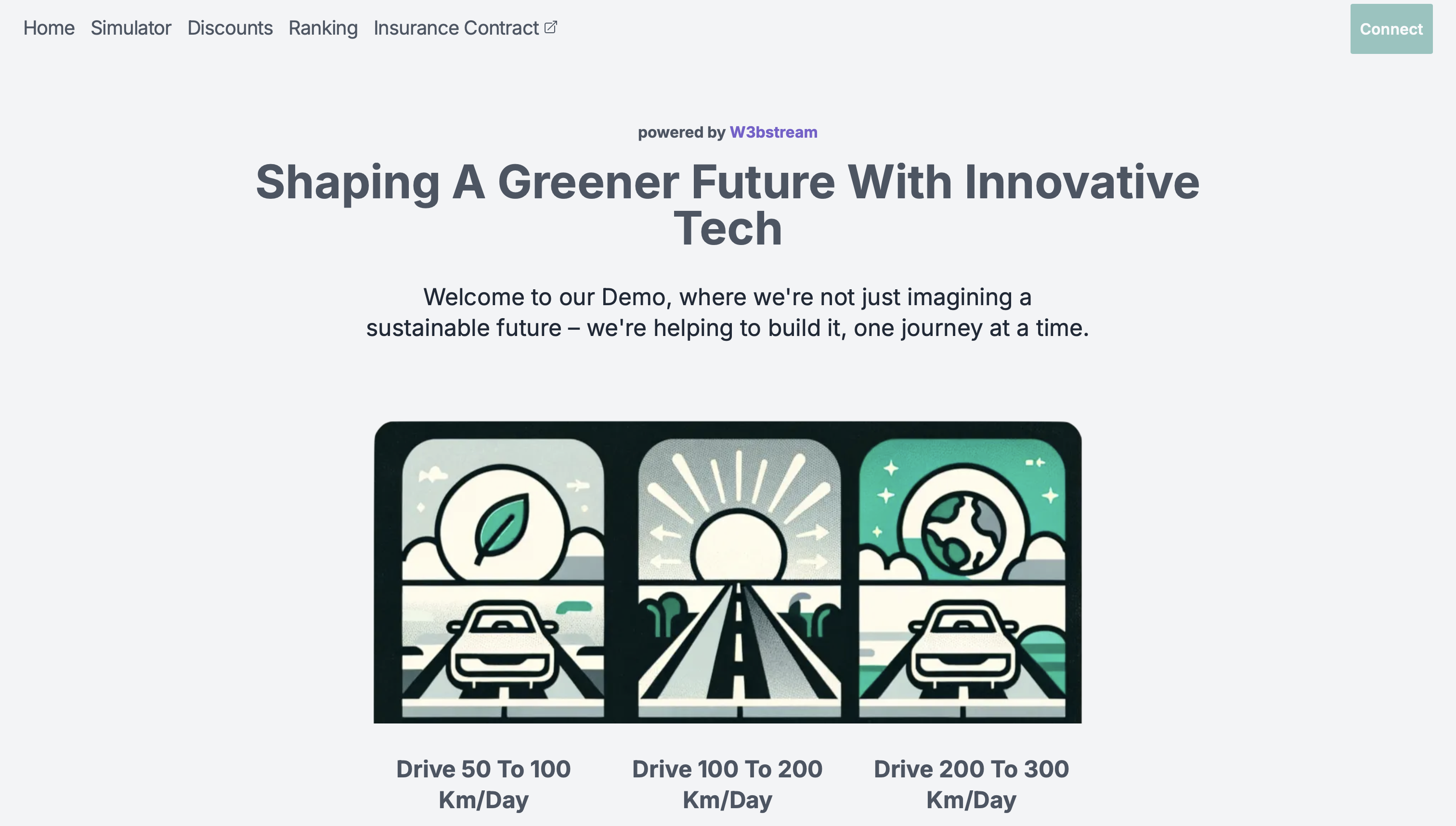 Screenshot of ecodriving demo with title Shaping a greener future with innovative tech